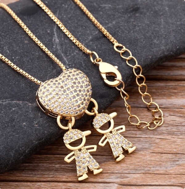 Fashion Jewelry Son Daughter Heart Gold Color Cubic Zirconia Family Girl Boy Pendant Necklace Chain Jewelry For Mother Gift - Image 5